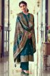 Peacock Blue Embroidered Straight Cut Jacquard Trouser Suit