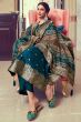 Peacock Blue Embroidered Straight Cut Jacquard Trouser Suit