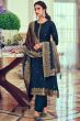 Prussian Blue Embroidered Straight Cut Jacquard Trouser Suit