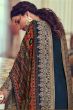 Prussian Blue Embroidered Straight Cut Jacquard Trouser Suit