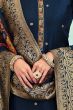 Prussian Blue Embroidered Straight Cut Jacquard Trouser Suit