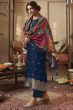 Prussian Blue Jacquard Embroidered Straight Cut Trouser Suit