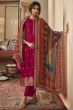 Dark Pink Jacquard Embroidered Straight Cut Trouser Suit