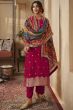 Dark Pink Jacquard Embroidered Straight Cut Trouser Suit