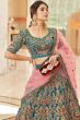 Teal Blue Embroidered Velvet Lehenga Choli