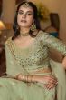 Mint Green Embroidered Flared Net Lehenga