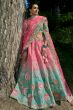 Pink and Sea Green Embroidered Silk Panelled Lehenga