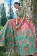 Pink and Sea Green Embroidered Silk Panelled Lehenga