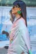Creamy Pink Organza Floral Print Saree