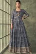 Grey Viscose Foil Print Anarkali Suit With Embroidery