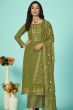 Olive Green Embroidered Organza Kurta Set with Sequins