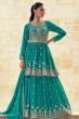 Turquoise Georgette Embroidered Frock Style Sharara Suit
