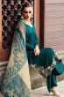 Teal Blue Embroidered Muslin Silk Trouser Suit