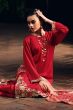 Red Embroidered Muslin Silk Trouser Suit
