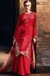 Red Embroidered Muslin Silk Trouser Suit