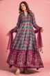 Dark Grey Printed Art Silk Anarkali Suit With Purple Dupatta