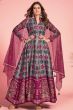 Dark Grey Printed Art Silk Anarkali Suit With Purple Dupatta