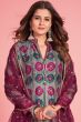 Dark Grey Printed Art Silk Anarkali Suit With Purple Dupatta