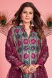 Dark Grey Printed Art Silk Anarkali Suit With Purple Dupatta