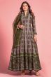 Dark Grey Printed Art Silk Anarkali Suit With Green Dupatta