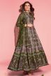 Dark Grey Printed Art Silk Anarkali Suit With Green Dupatta