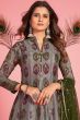 Dark Grey Printed Art Silk Anarkali Suit With Green Dupatta