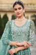 Light Cyan Sequins Embroidered Net Floor Length Anarkali Suit