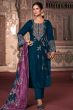 Teal Blue Embroidered Velvet Suit Set