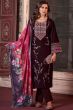 Wine Color Embroidered Velvet Suit Set