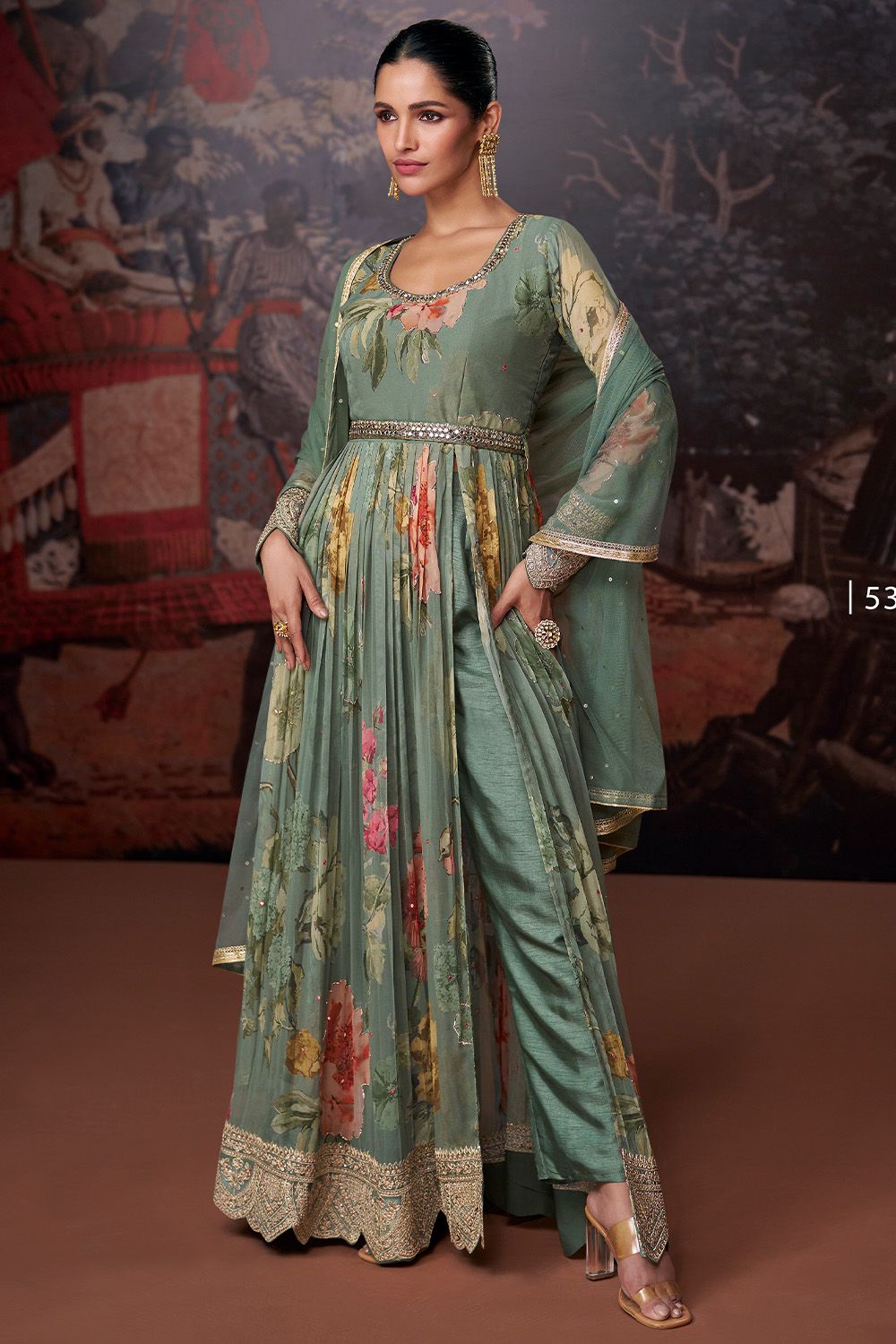 Pastel Green Fancy Silk Anarkali Suit With Zari