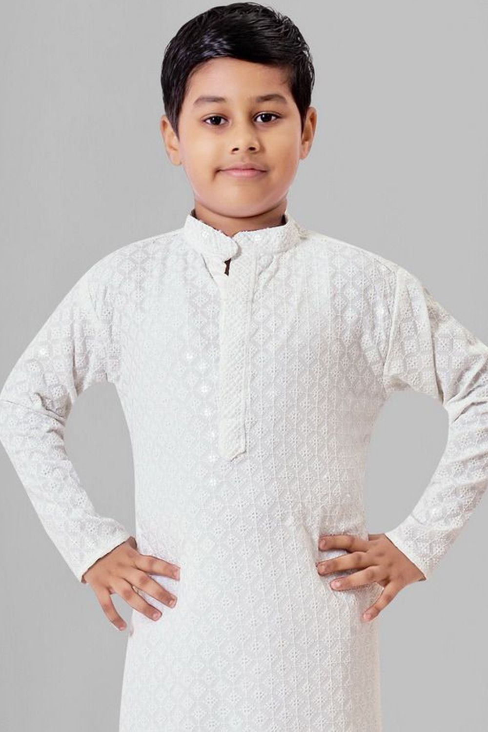 Off White  Embroidered Kids Cotton Kurta
