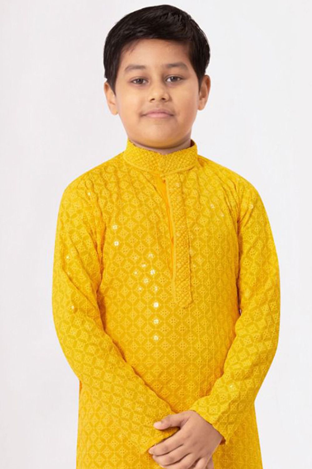 Yellow Embroidered Kids Cotton Kurta