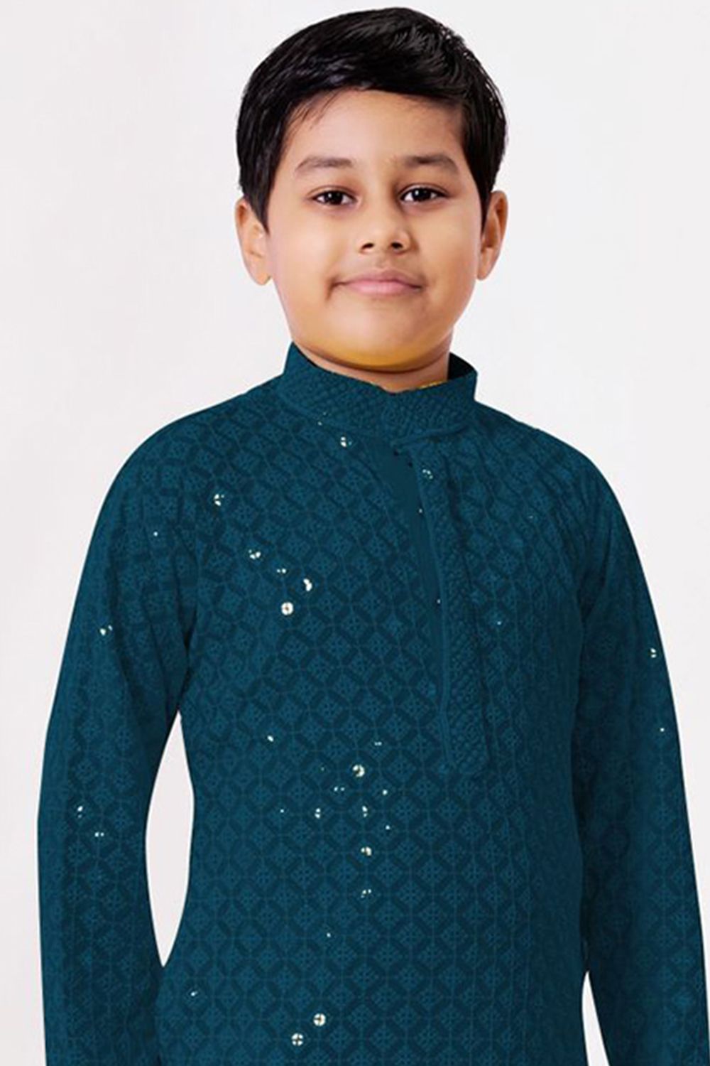 Teal Blue Embroidered Kids Cotton Kurta