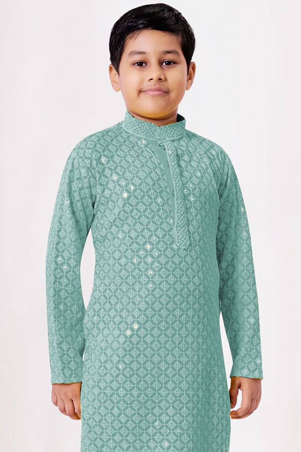 Sea Green Embroidered Kids Cotton Kurta