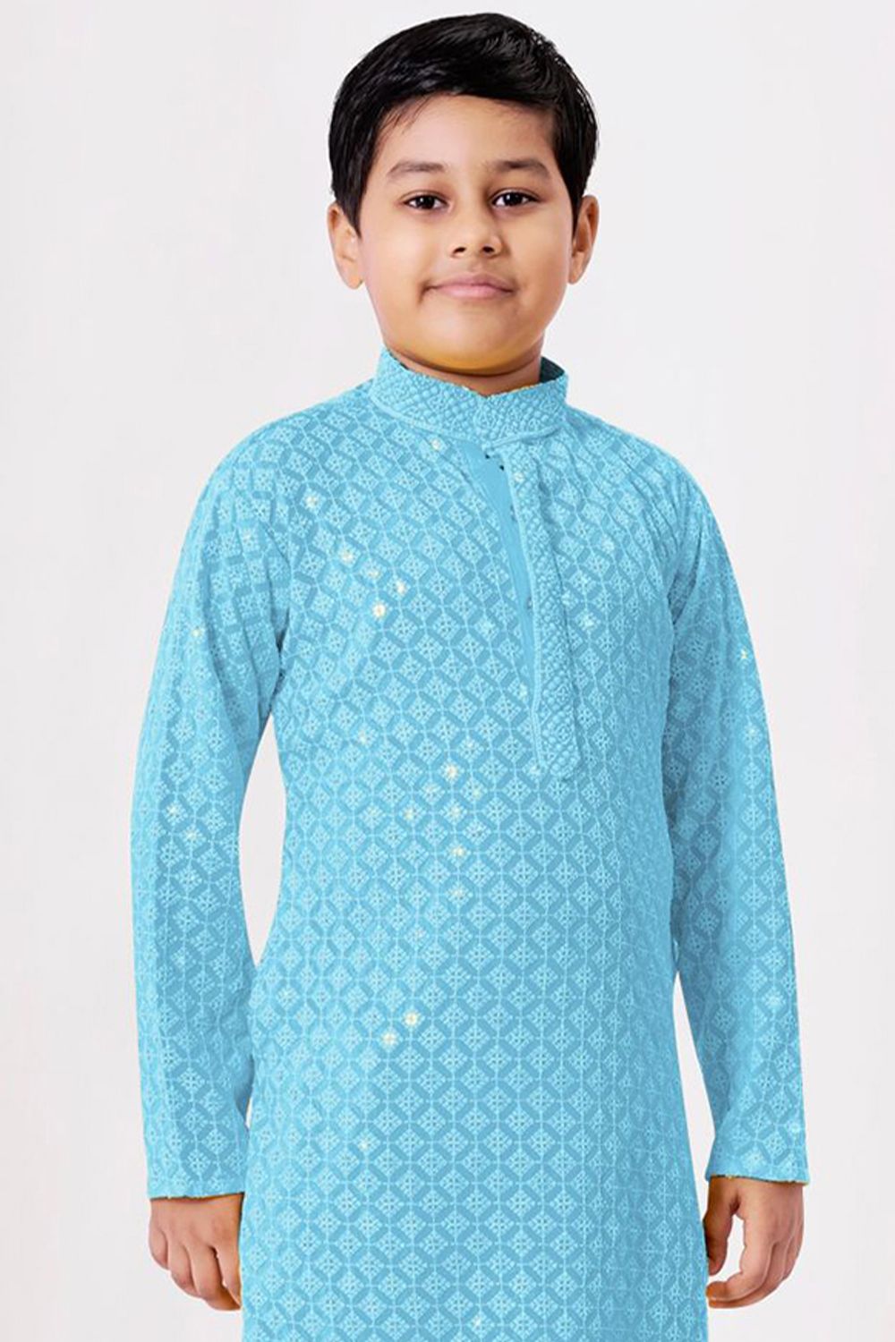 Sky Blue Embroidered Kids Cotton Kurta