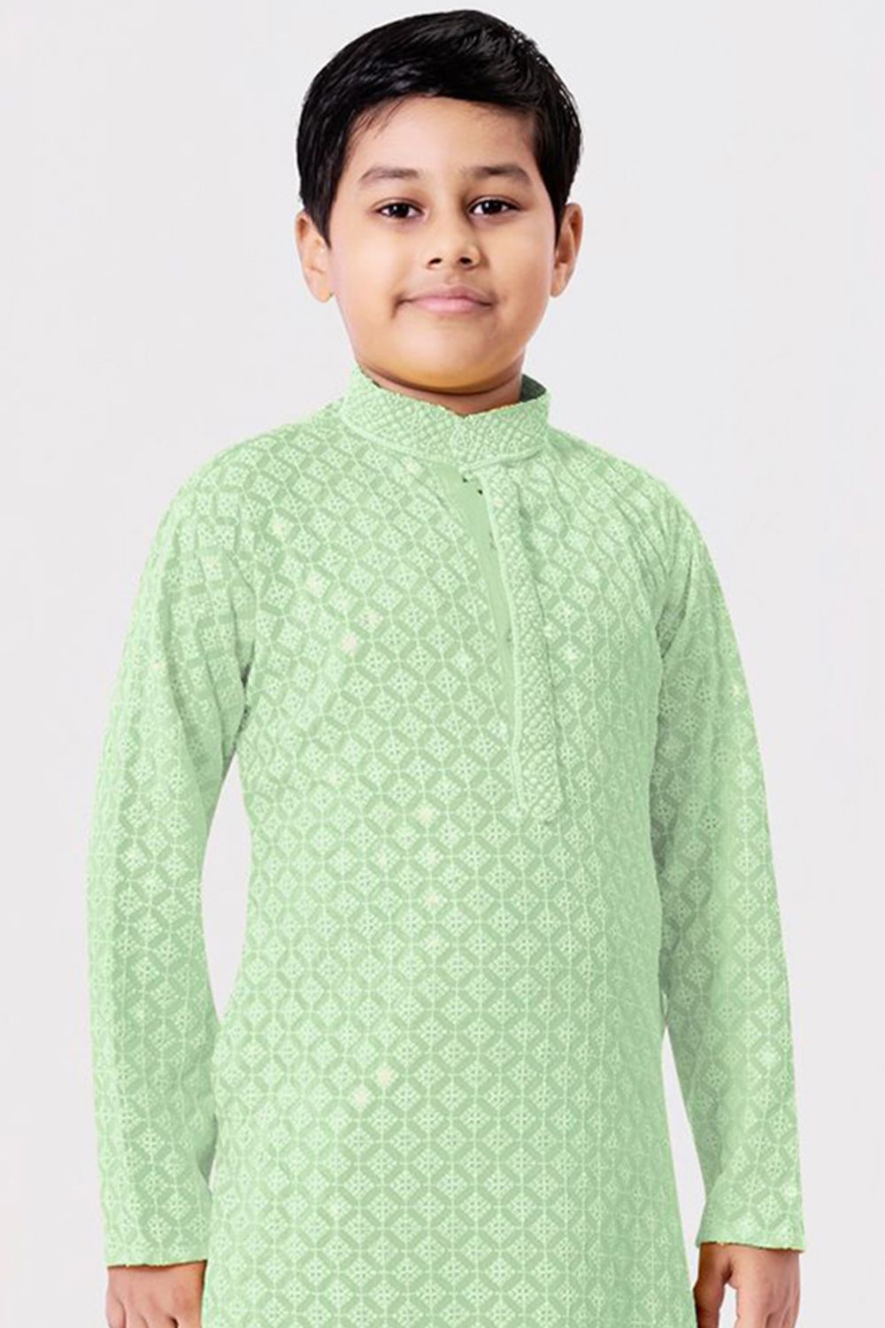 Parrot Green Embroidered Kids Cotton Kurta