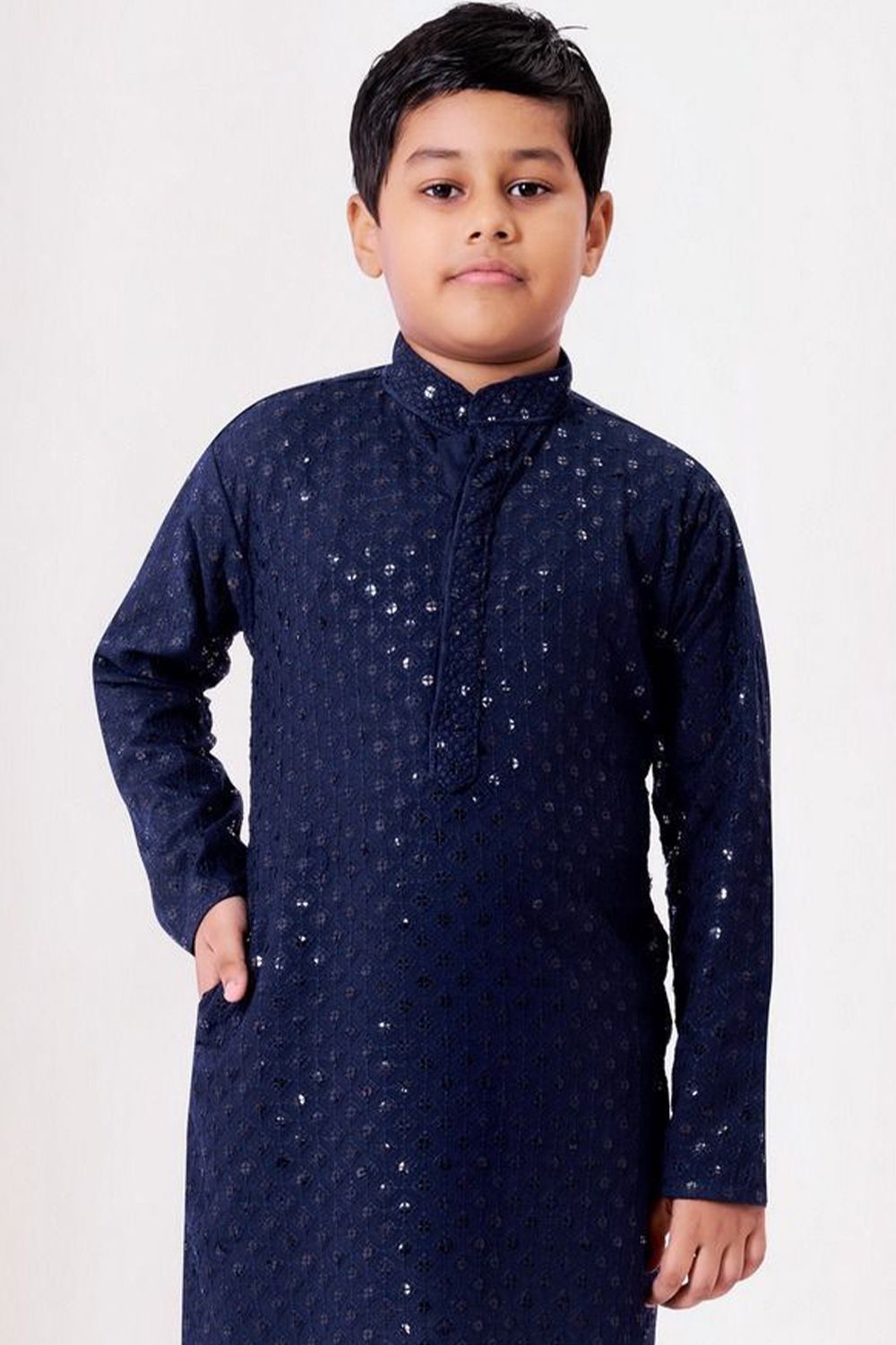 Blue Embroidered Kids Cotton Kurta