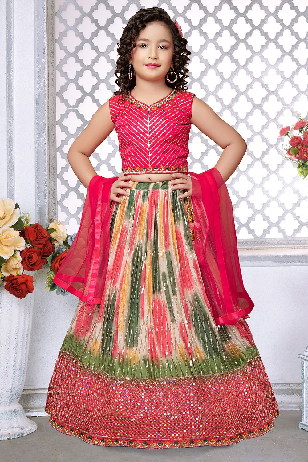 Dark Pink Printed Georgette Multicolor Lehenga Set