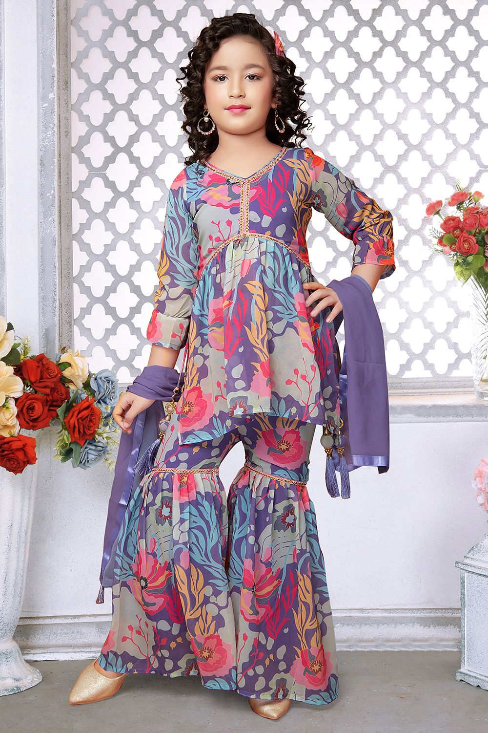 Lavender Grey Printed Georgette Gharara Set