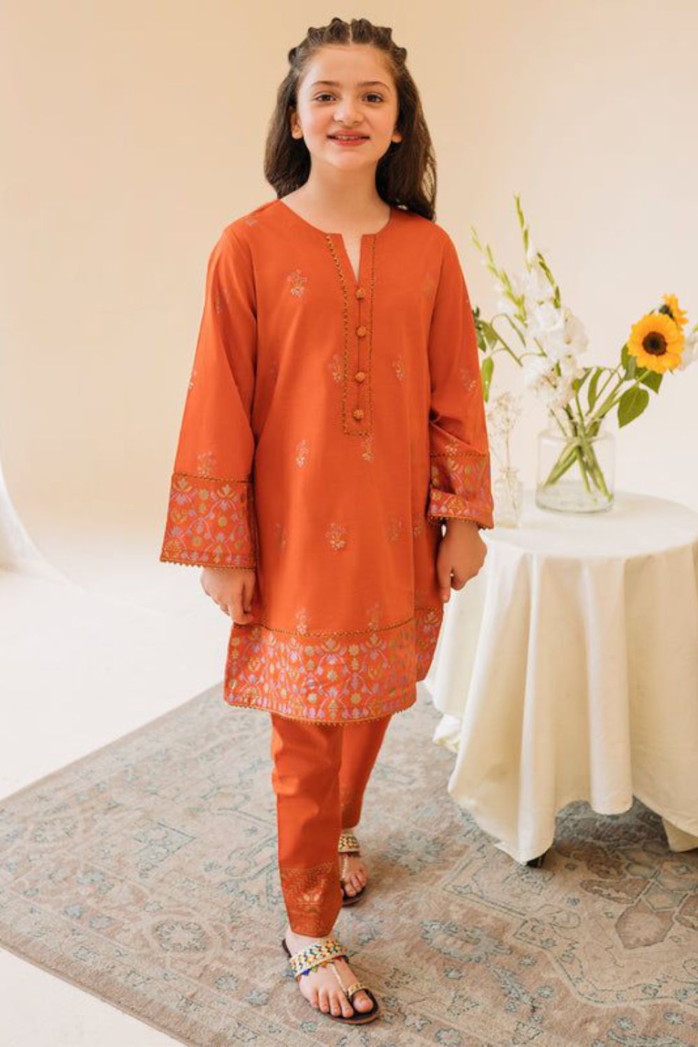 Orange Cotton Kurti Set