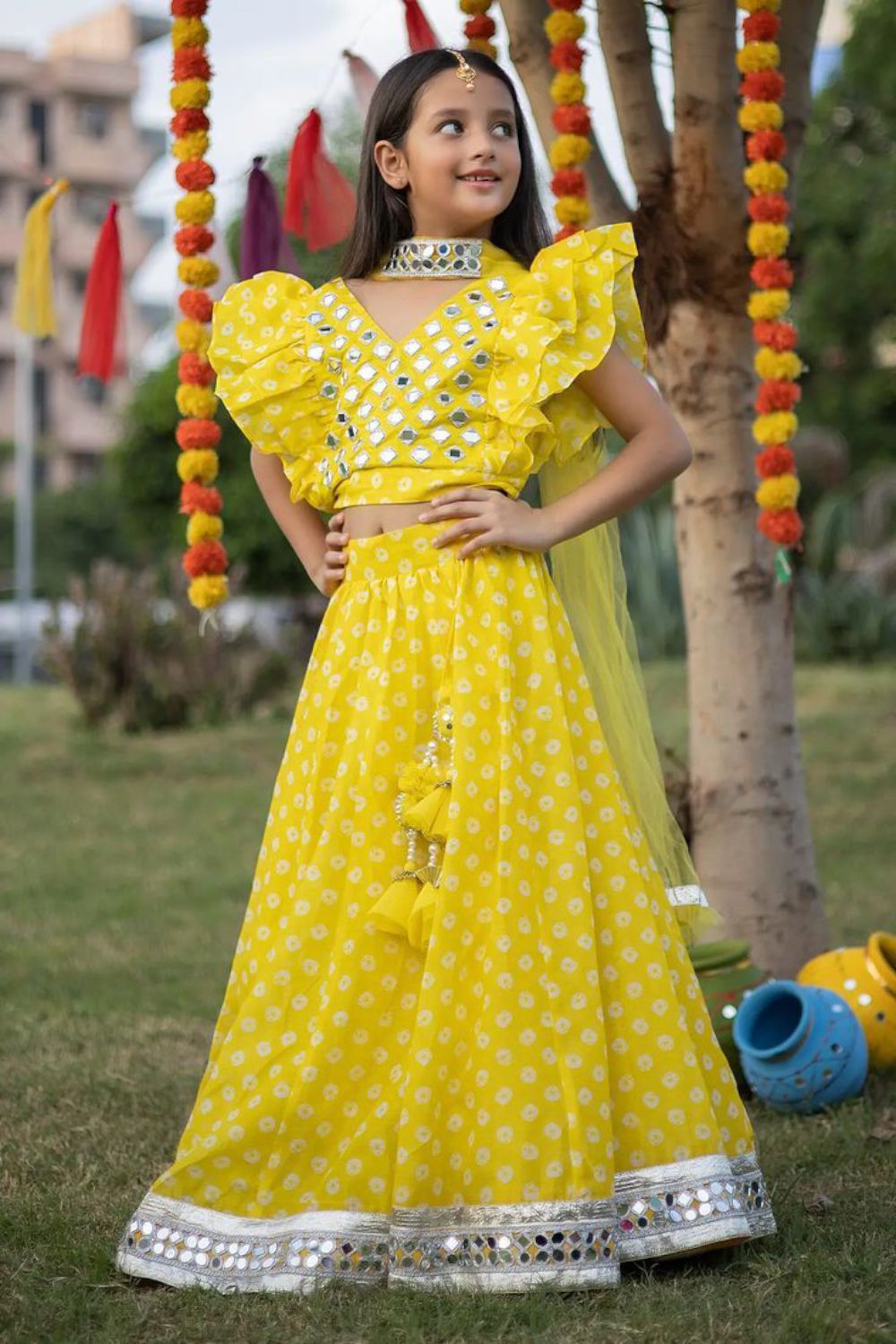 Yellow  Chanderi Printed Lehenga Set