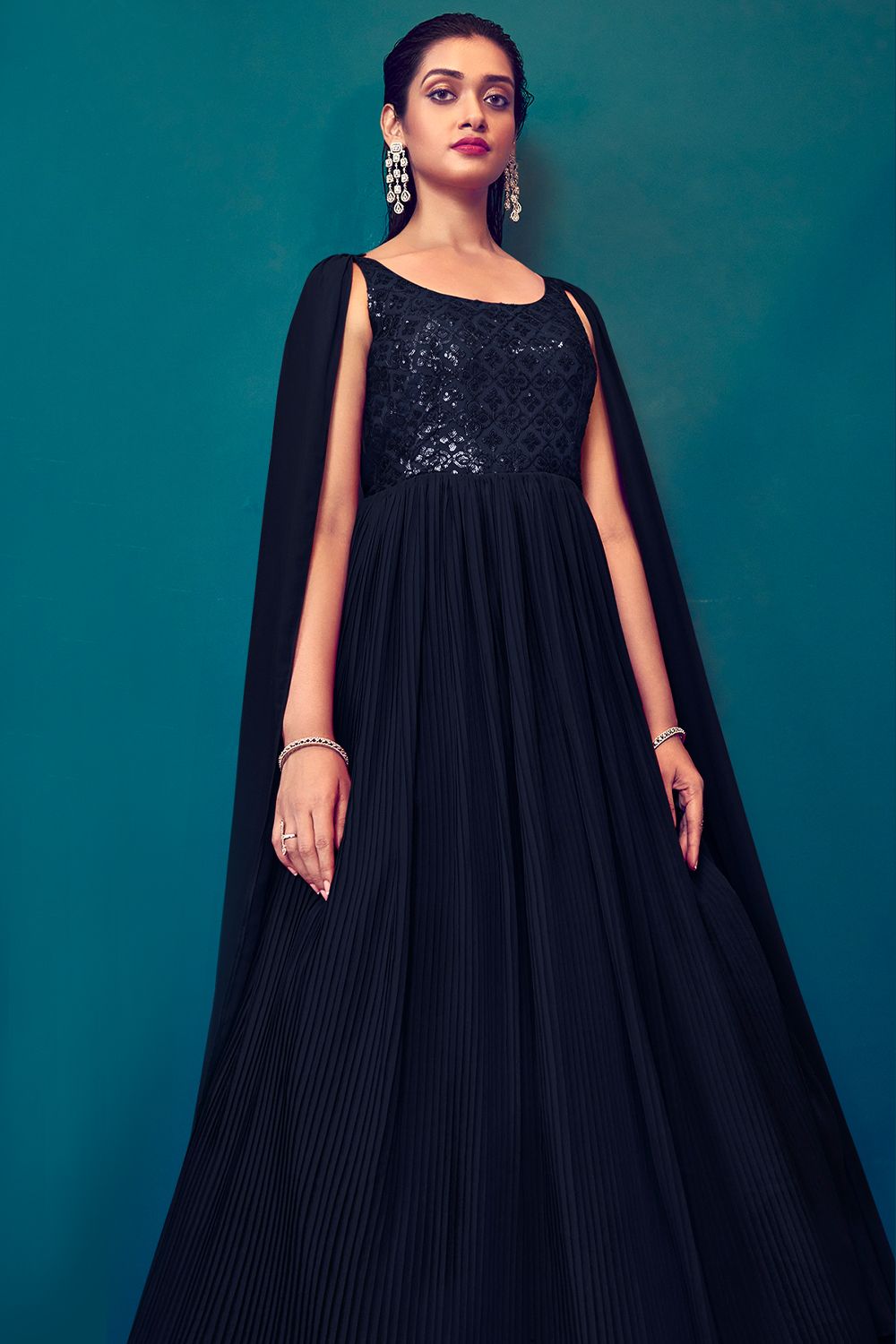 Navy Blue  Georgette Indowestern Gown