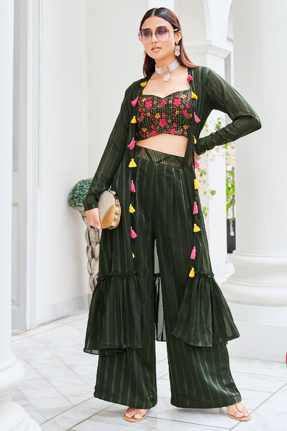 Olive Green Georgette Embroidered   Co-ord Set