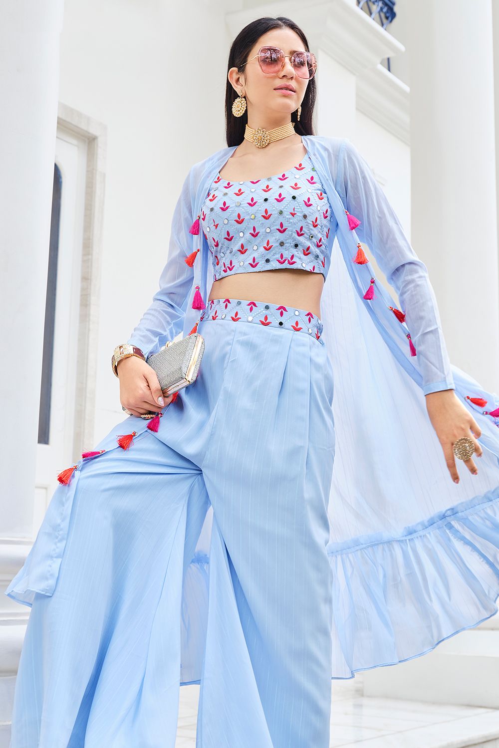 Pastel Blue Georgette Embroidered   Co-ord Set
