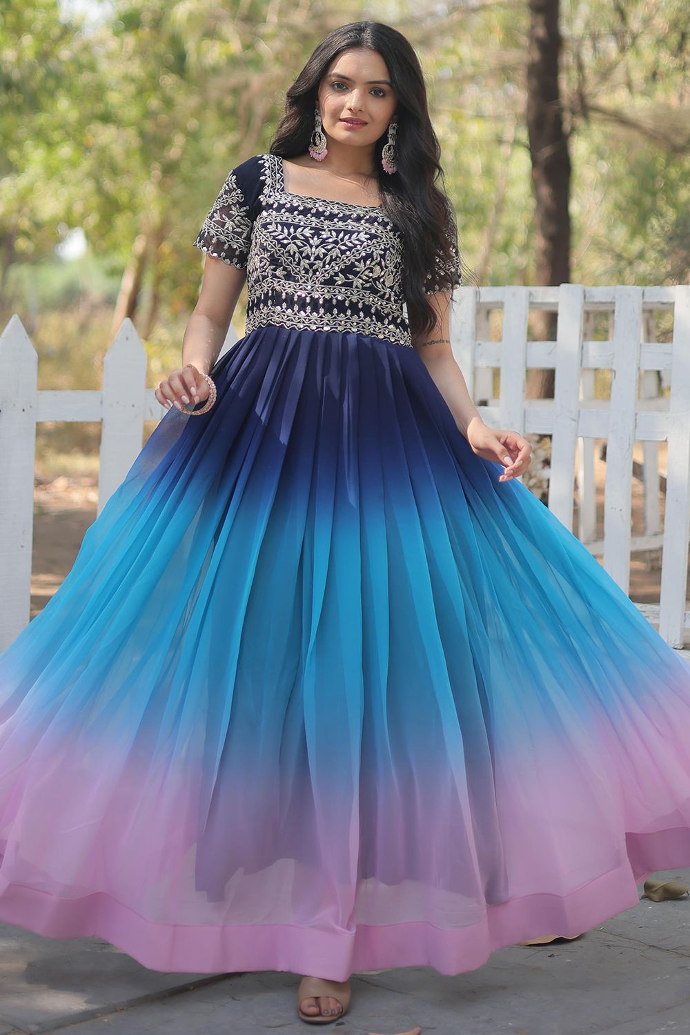 Dark Blue Zari Sequin Embroidered Georgette Gown 