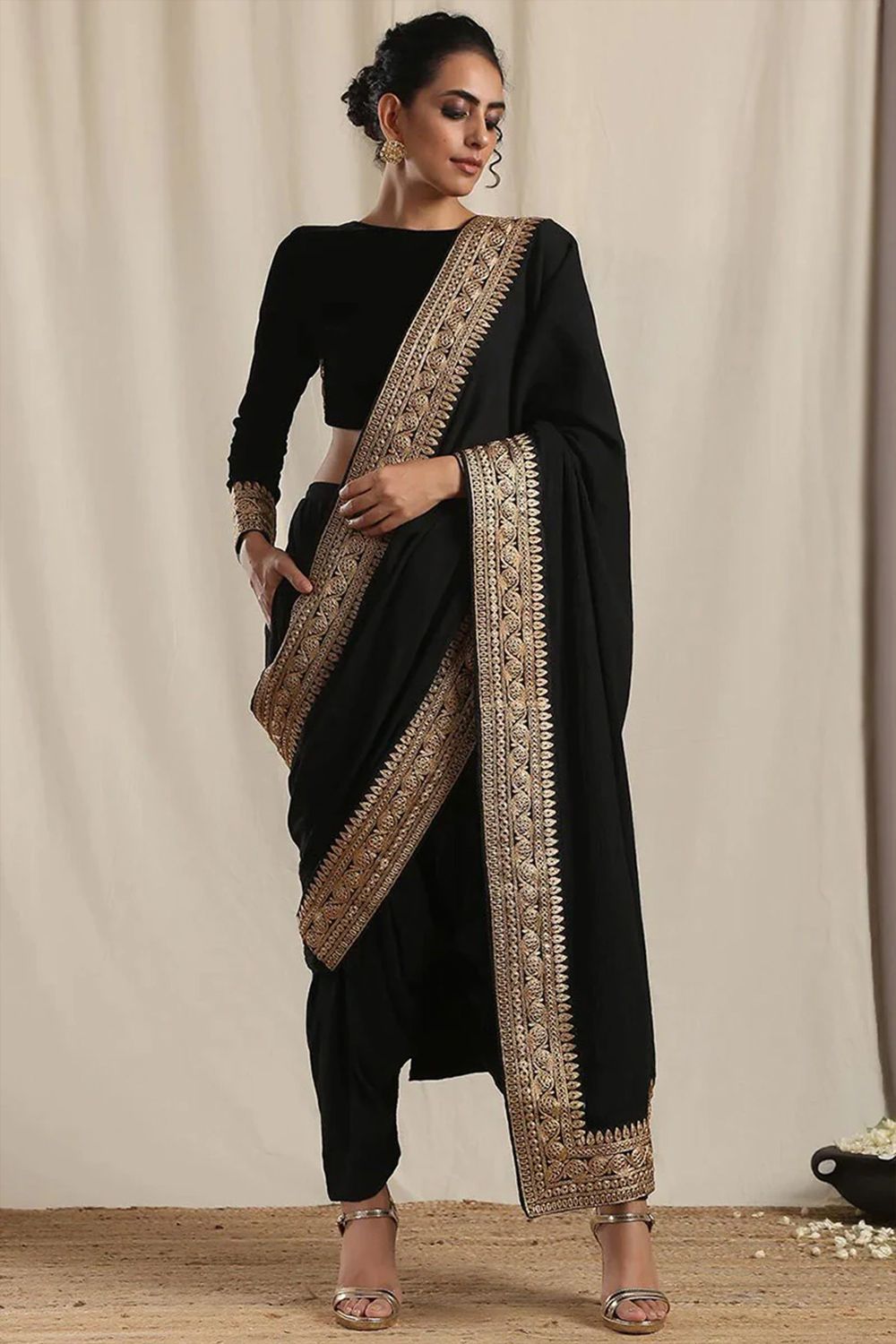 Black Velvet Embroidered Dhoti Pant Style Saree