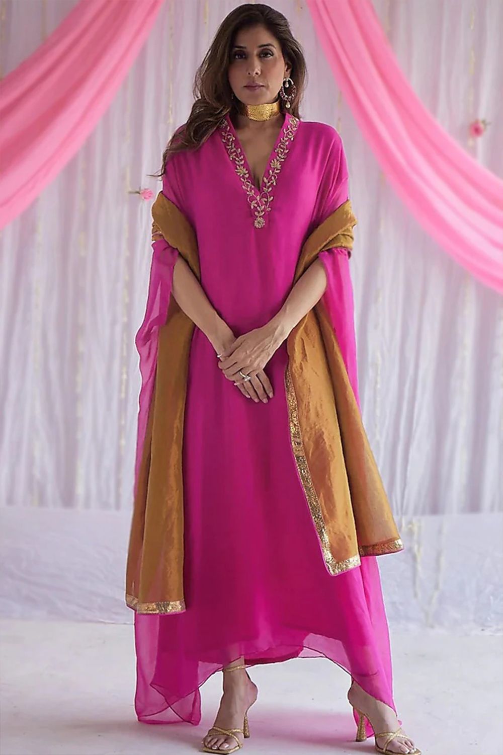 Cerise Pink Embroidered Chiffon A Line Suit