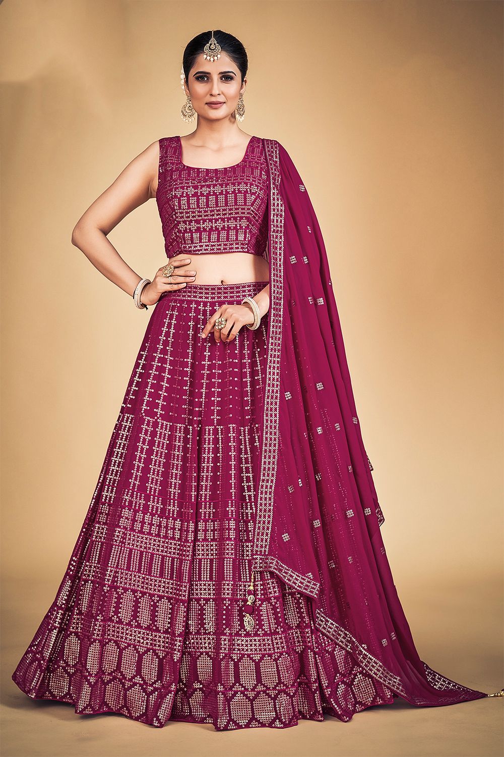Dark Pink Embroidered Georgette Lehenga Set