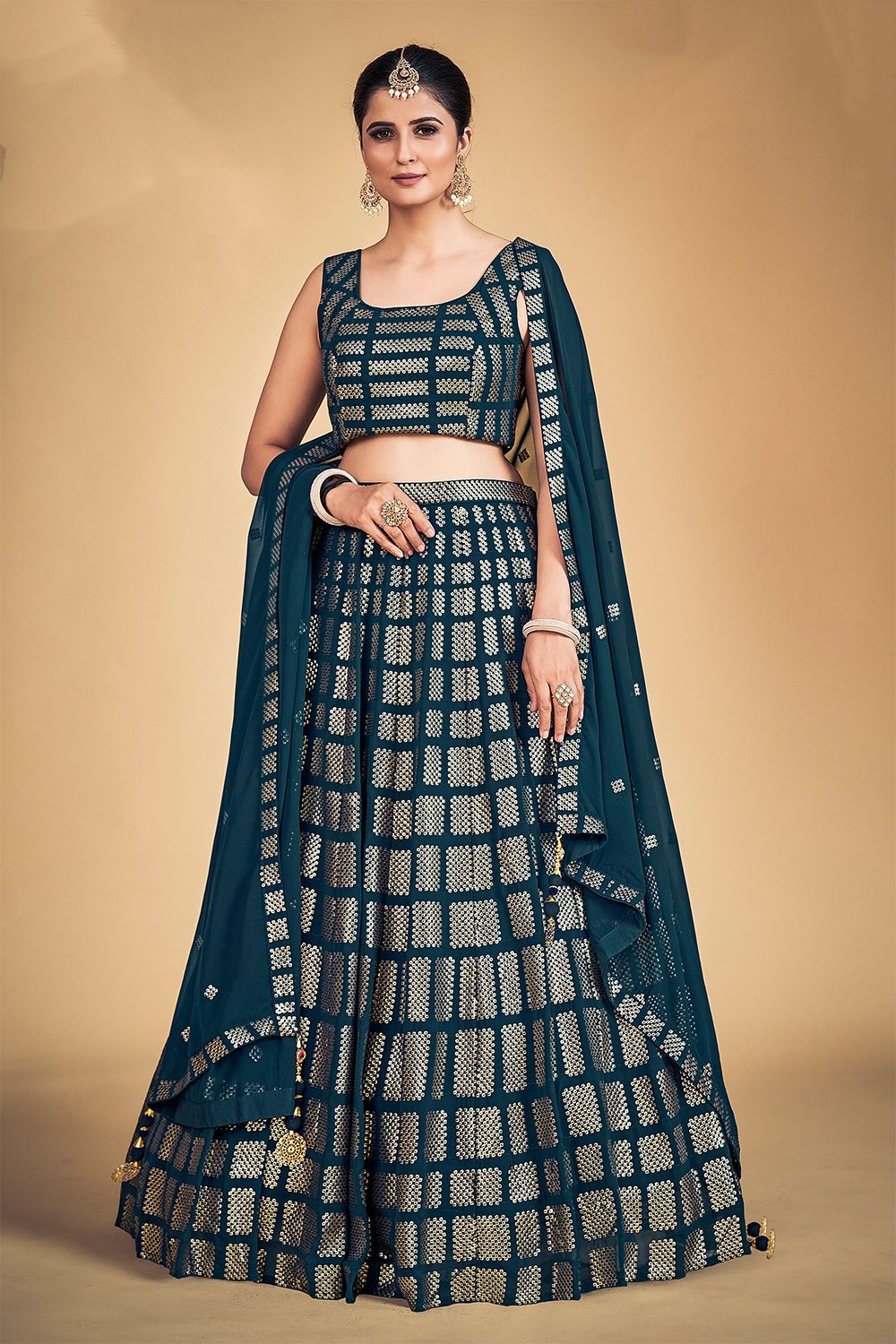 Blue Embroidered Georgette Lehenga Set