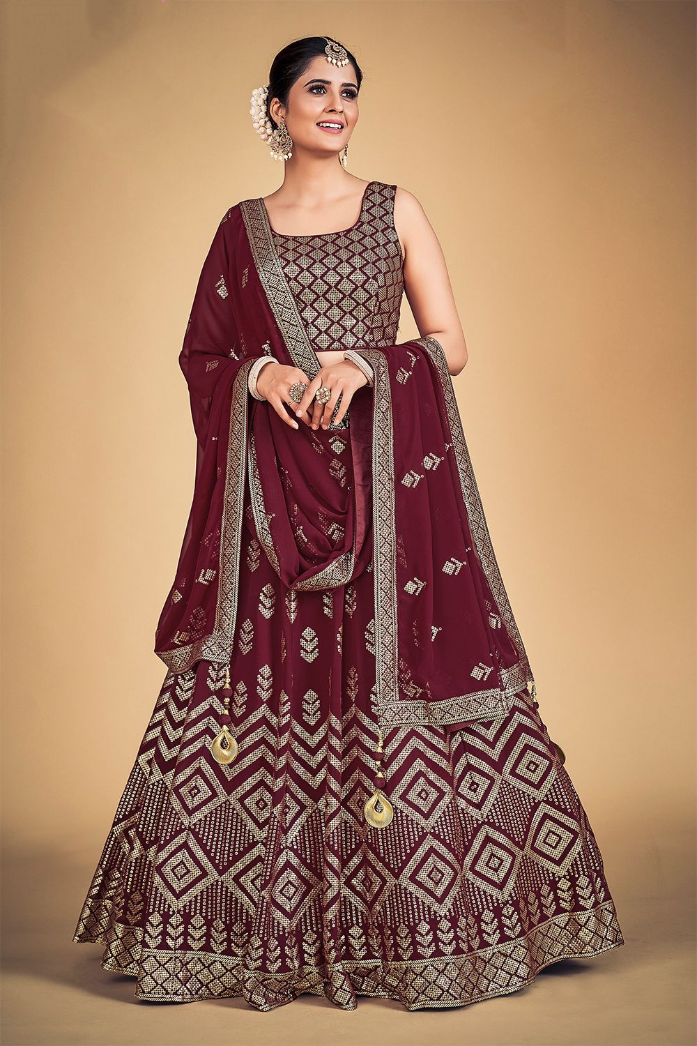 Maroon Embroidered Georgette Lehenga Set